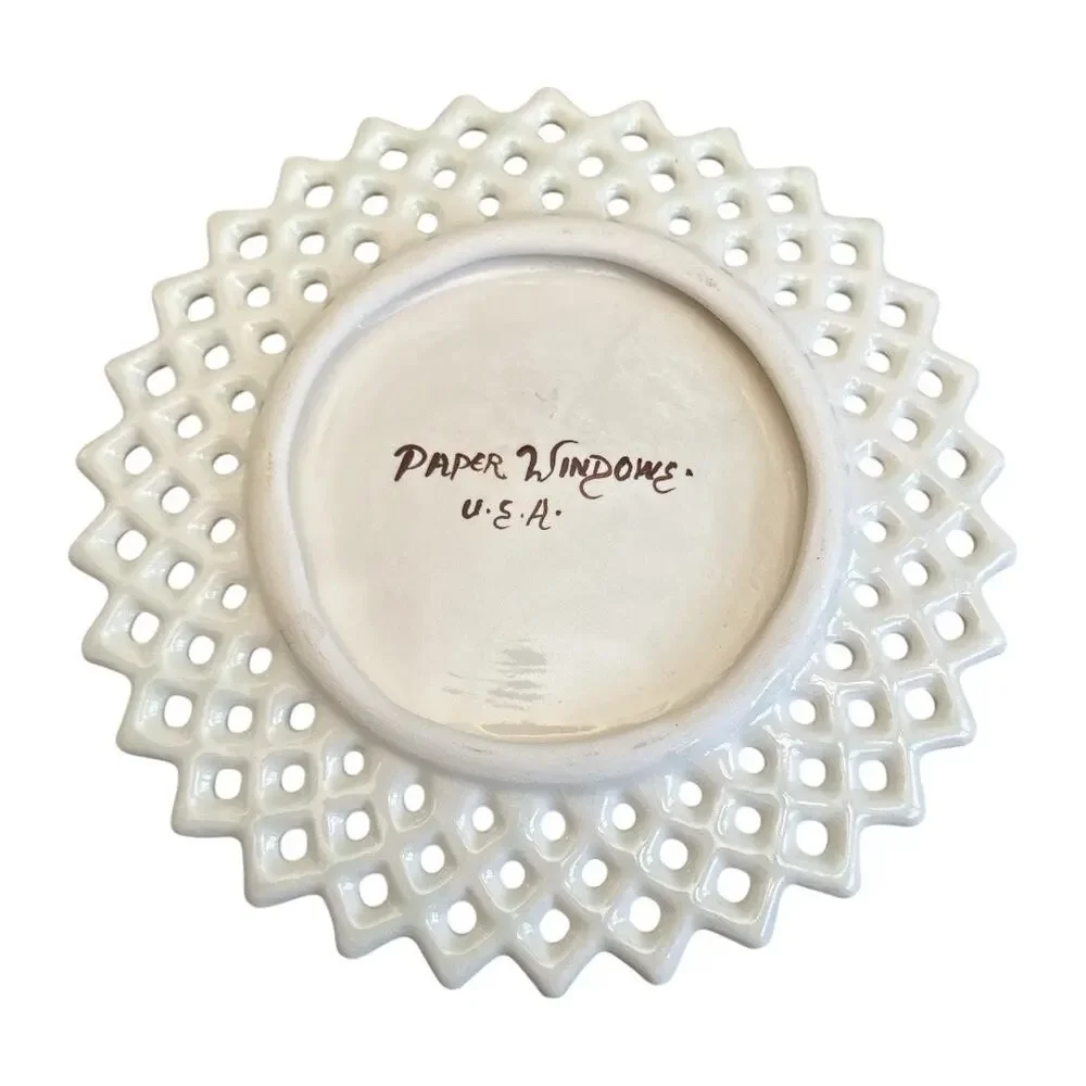 Vintage Rare Paper Windows Cream Perforated Rosebud Decorative Plate